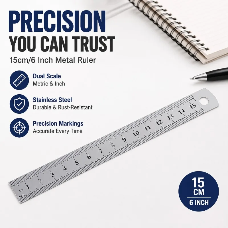 Metal Ruler 15cm 6 Inch Stainless Steel Precision Double Sided Ruler for School Office Measuring Supplies