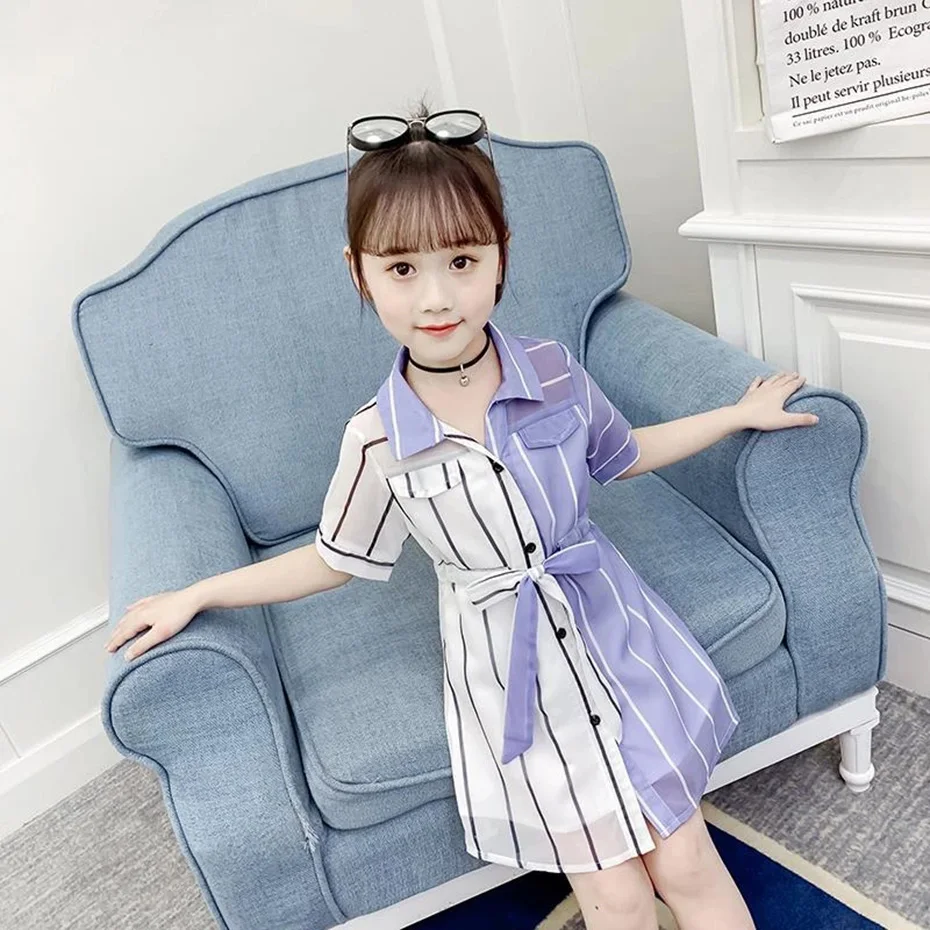 2022 Girls Dresses Summer Teen Girl Dress Princess Plaid for Kids Dresses Short Sleeve Vestidos Girls Clothing 6 8 9 10 12 Year