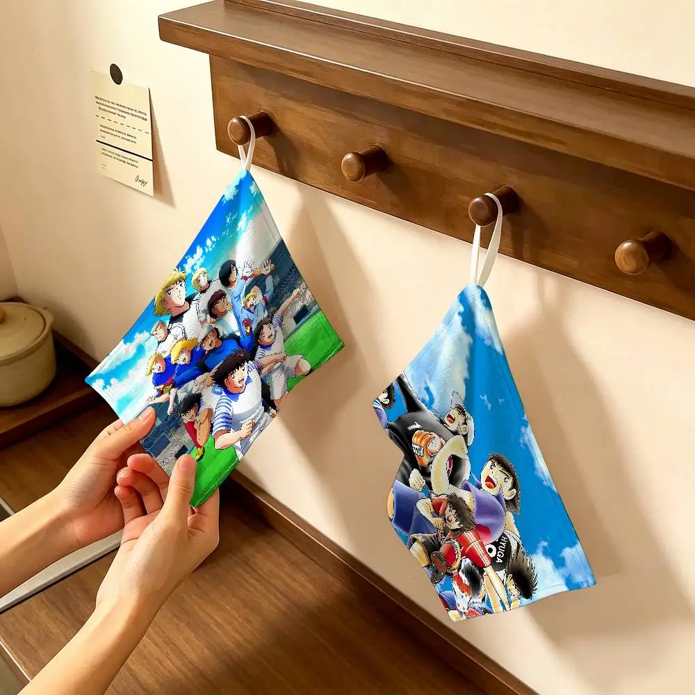 Cartoon Captain Tsubasa Polyester Cotton Hand Wiping Towel, Hanging Design, Durable for Household Restaurant Toilet Use