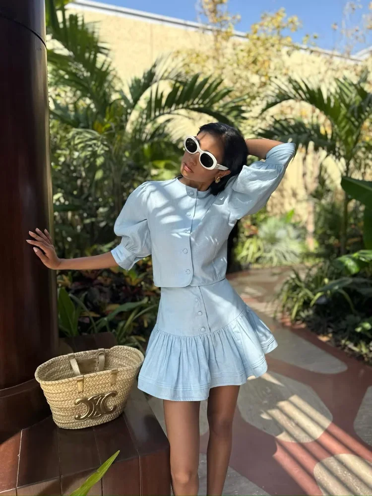 

Solid Color Cotton Linen Bubble Sleeve Skirts Suit Round Neck Single Breasted Shirt Mini Skirt 2-piece Set 2026 Holiday Outfit