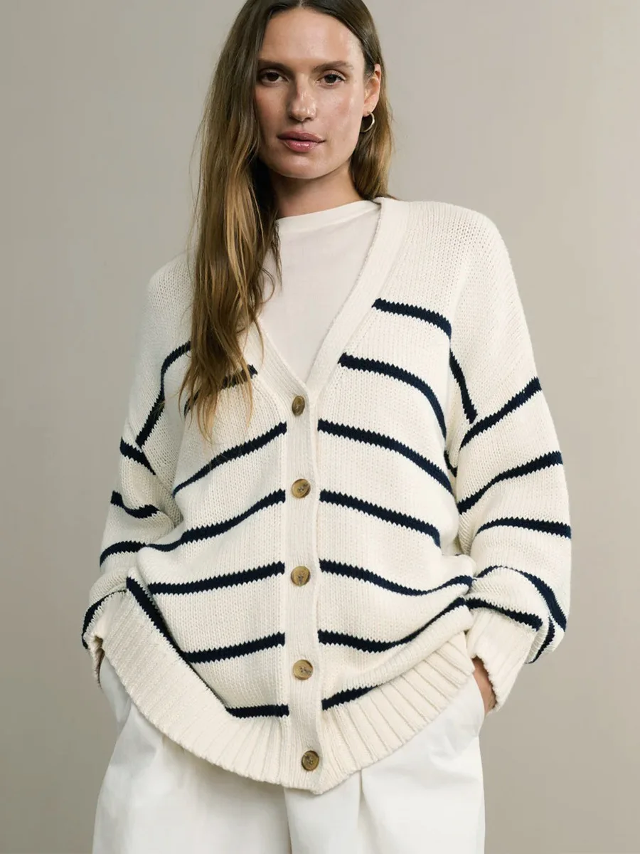 

Classic Striped Cardigan Sweater Women V-neck Single Breasted Long Sleeve Jumper Autumn Loose Casual Fashion Knitted Outerwear