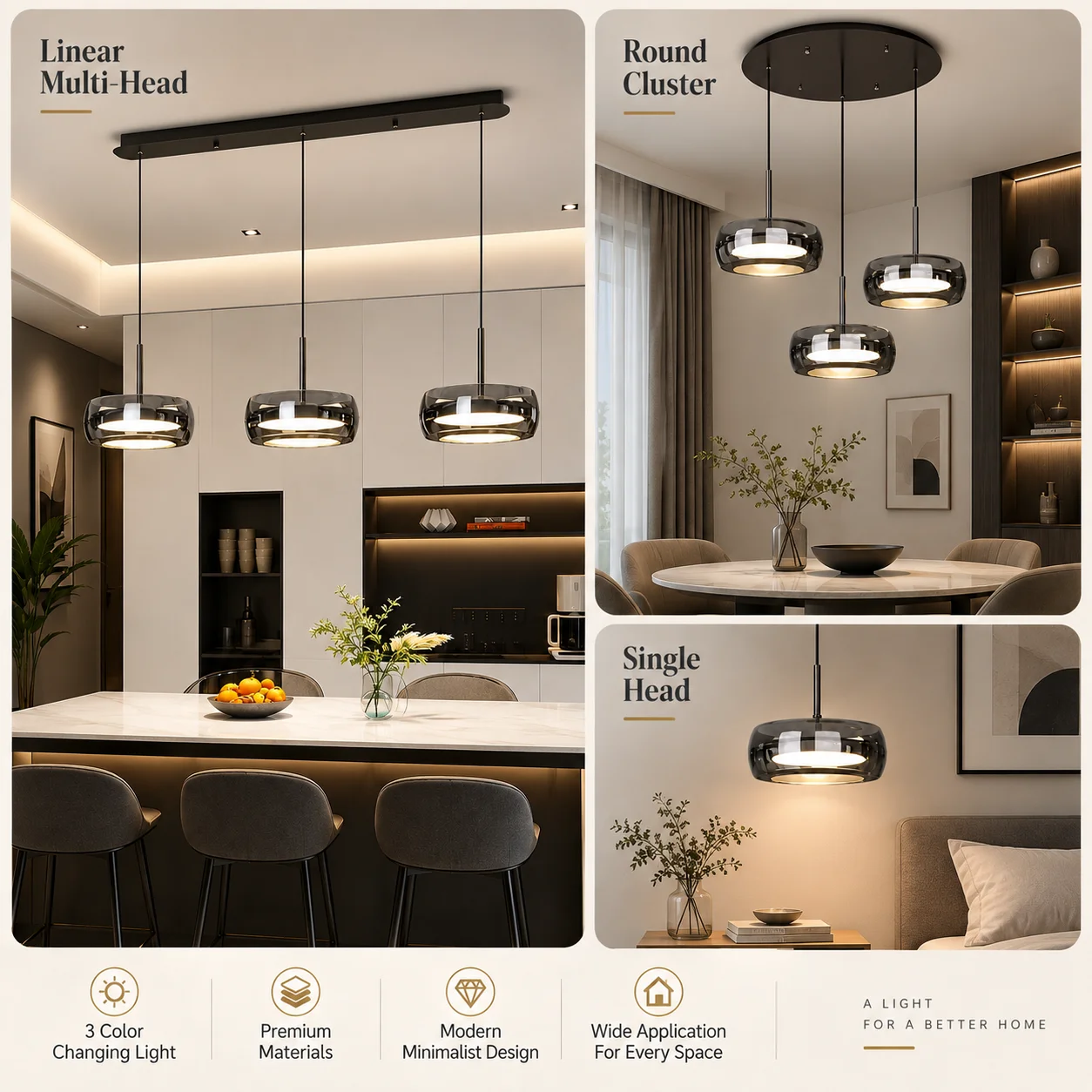 Modern Black Pendant Lamp three-color light Chandelier, Adjustable Height Ceiling Hanging Light for Living Room