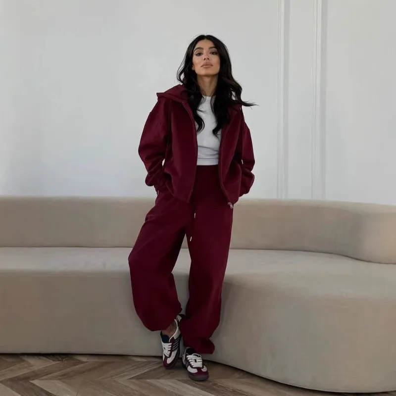 

Ранняя осень, стильный костюм с откидной спинкой, высококачественная однотонная толстовка с капюшоном на молнии и длинными рукавами, прямые женские брюки с высокой талией