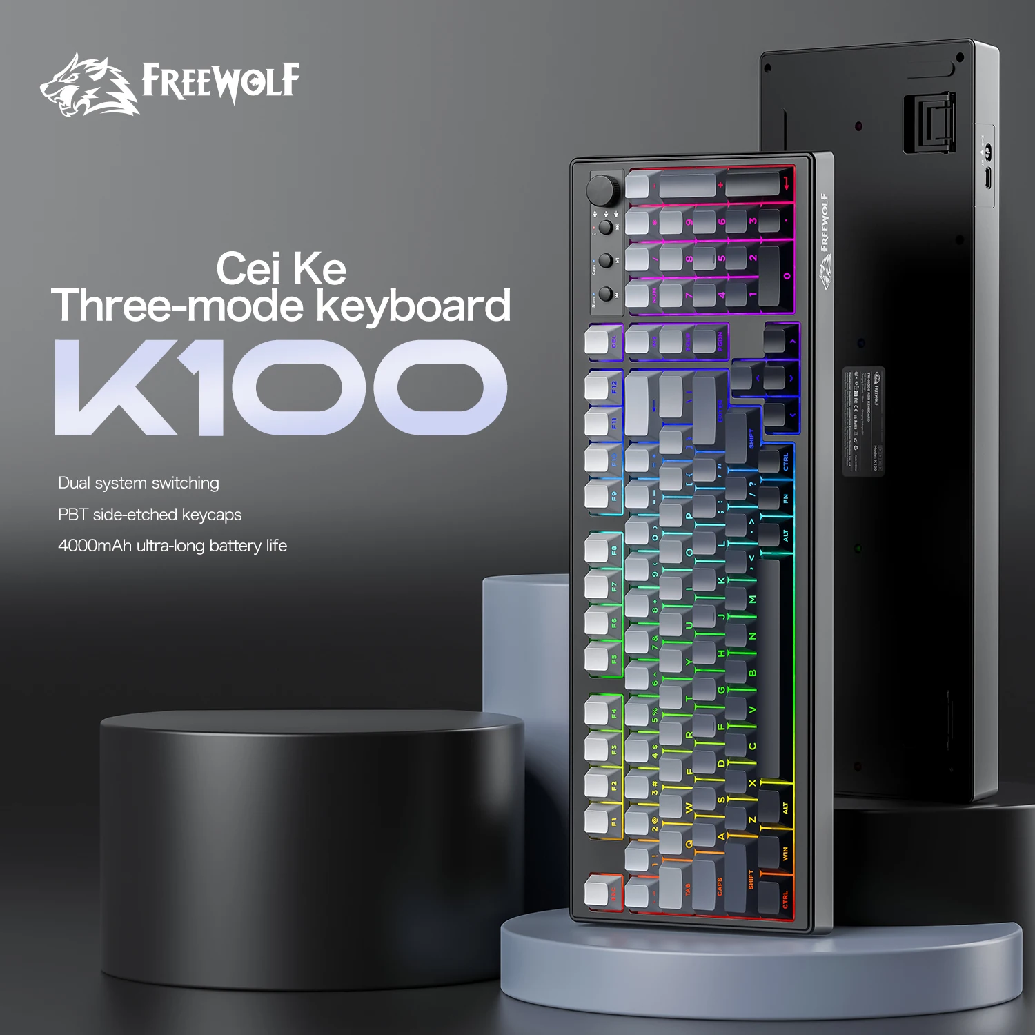 คีย์บอร์ดเกมมิ่งไร้เสียง FREEWOLF k100 สามโหมด, ลายสลักด้านข้างแบบไล่เฉดสี, ไฟ RGB, เหมาะสำหรับพีซีและแล็ปท็อป WIN/MAC