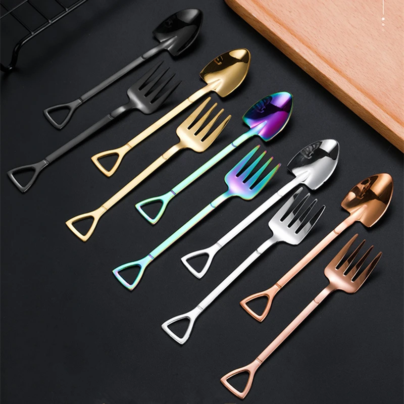 1PC Creative Food-Grade Stainless Steel Coffee Ice Cream Spoons Shovel Shape Multi-Color Long Handle Fork Teaspoons Kitchen Tool