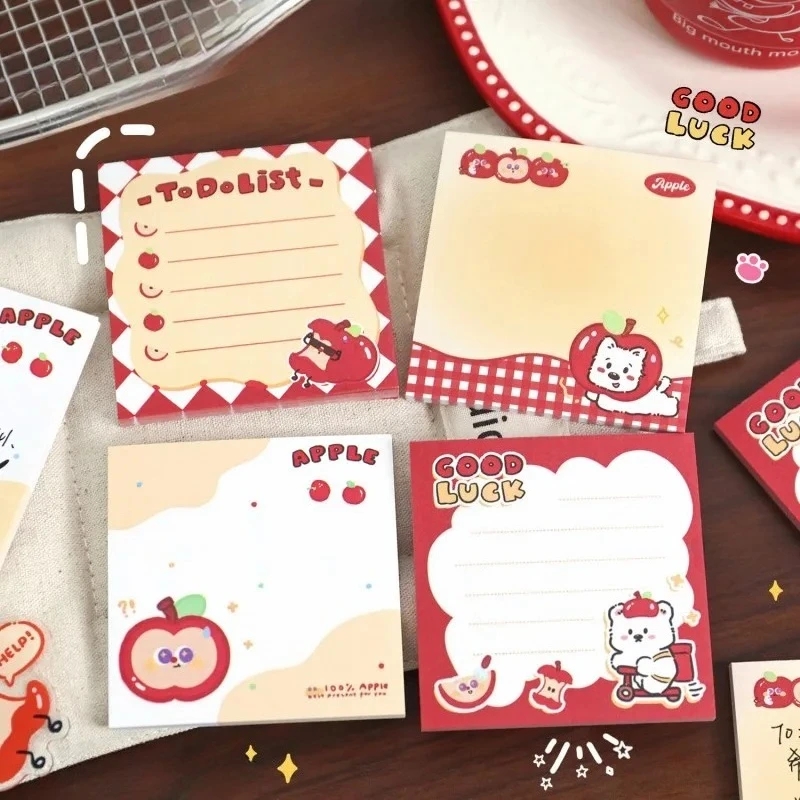 4Pads/200Sheets Cute Apple White Dog 7x7cm Sticky Notes Set, For Journal Planners Office School Supplies