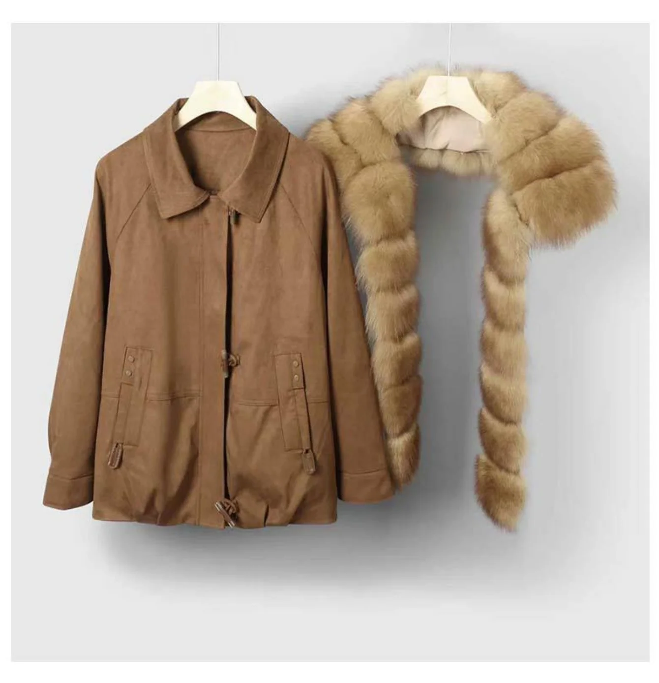 Women's Oversized Parka Voluminous Fox Fur Collar Cropped Outerwear Thermal Zipper Closure Winter Cold Weather for Holiday Look