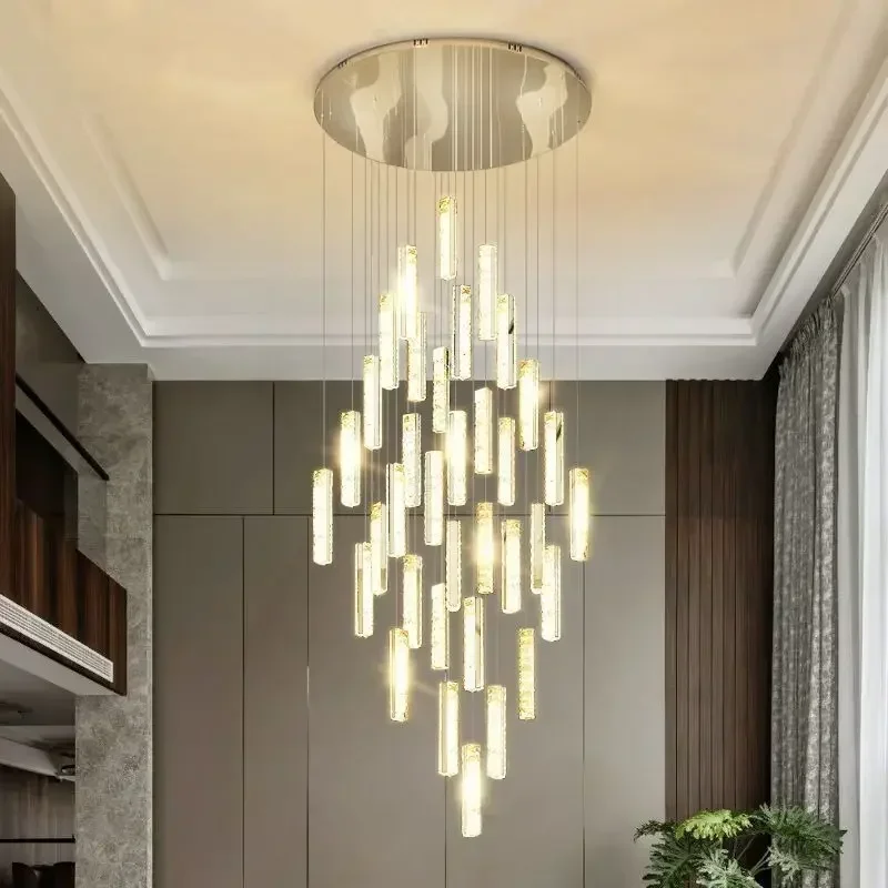 Modern Nordic Luxury Crystal Chandelier Golden Silver LED Lamp Duplex Building Spiral Staircase Dining Room Art Pendant Light