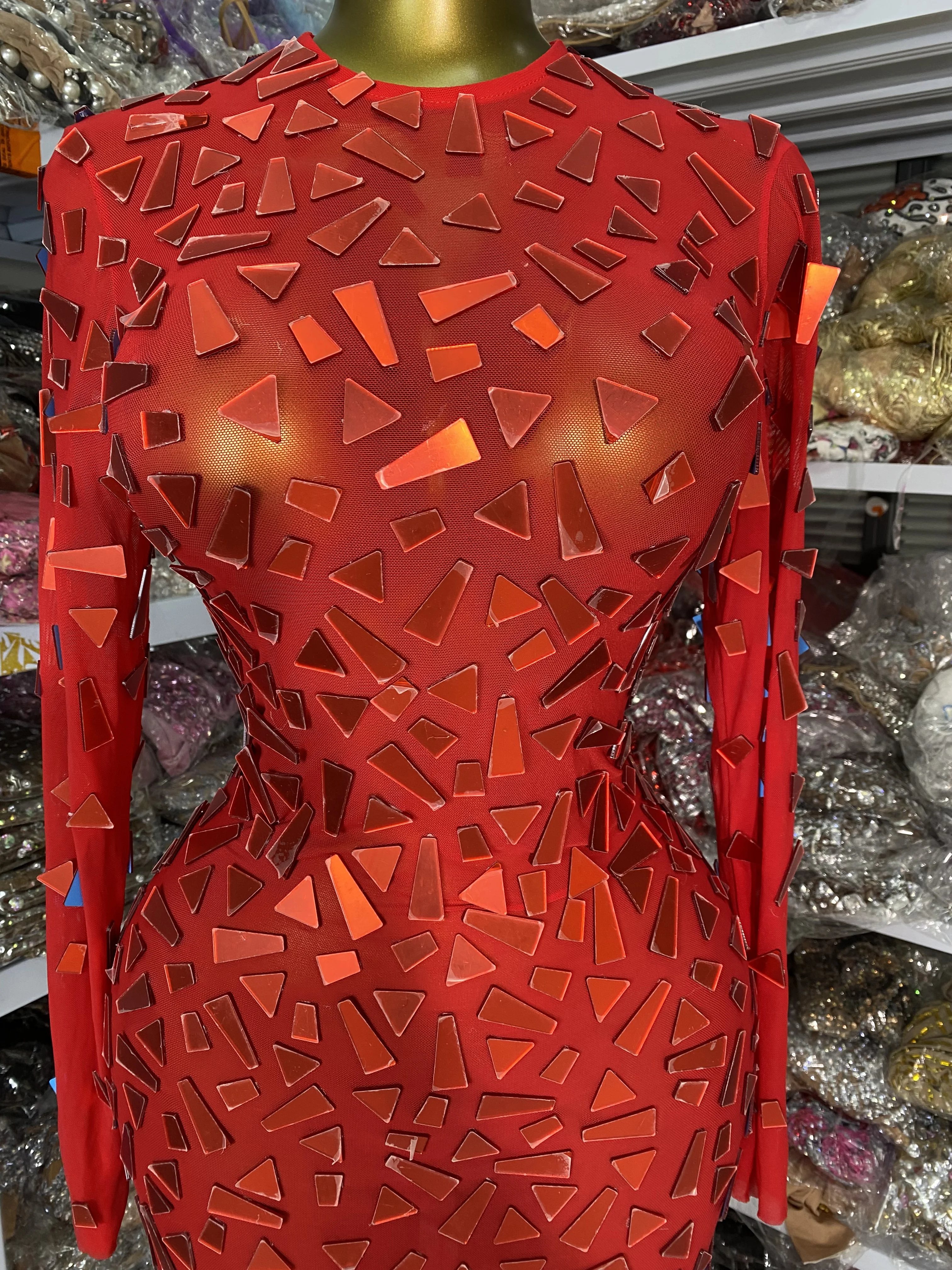 Feminino vermelho y2k vestido de festa à noite manga longa o pescoço espelho malha ver através maxi longo aniversário vestidos celebridade trajes palco