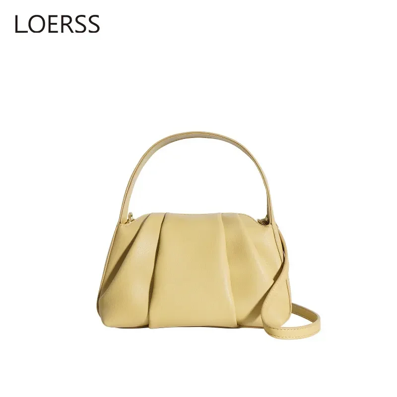 LOERSS Cowhide Shoulder Bag for Women's Niche Design Pleated Cloud Bag Fashion Causal  Handbag Leather Female Underarm Bag