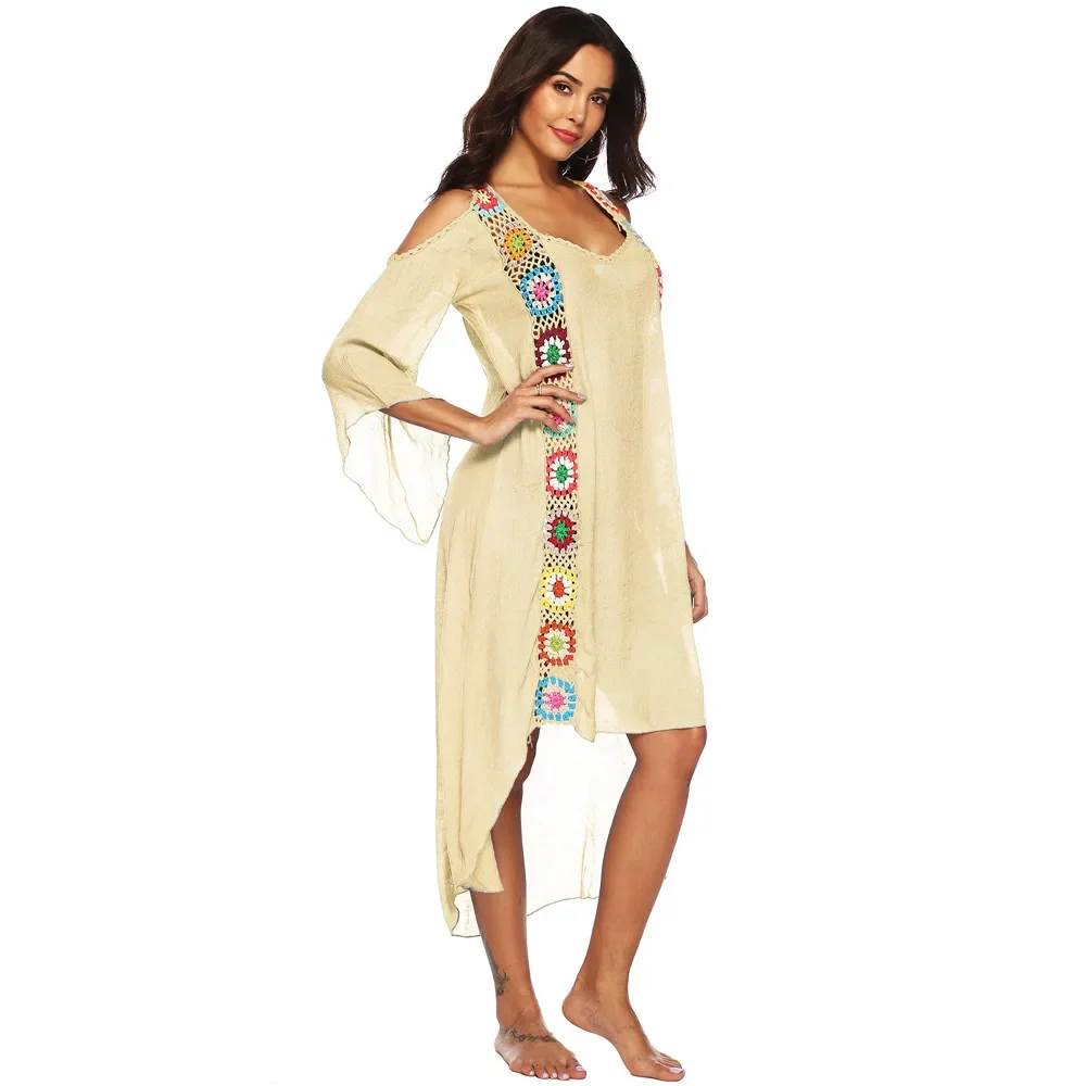 Robe tunique de plage longue en mousseline de soie pour femme, cover-up pour les maillots de bain, kaftan, tenue de plage