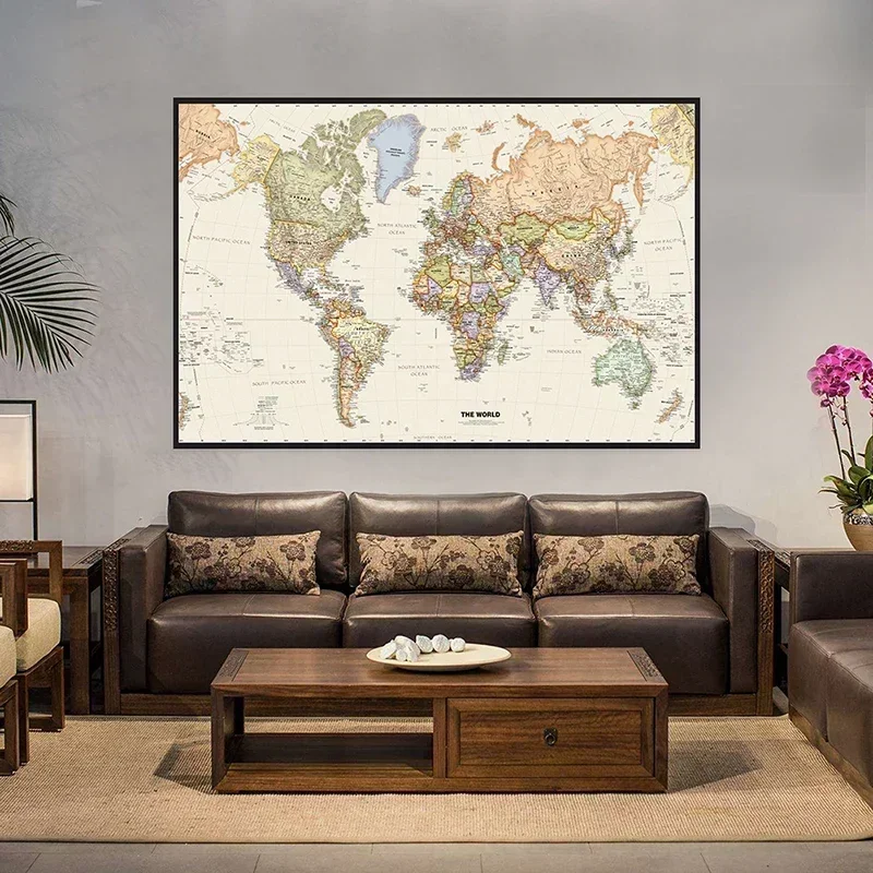 150x100cm Retro World Map Detailed Map of Major Cities In Each Country Non-woven Canvas Painting Living Room Home Decoration