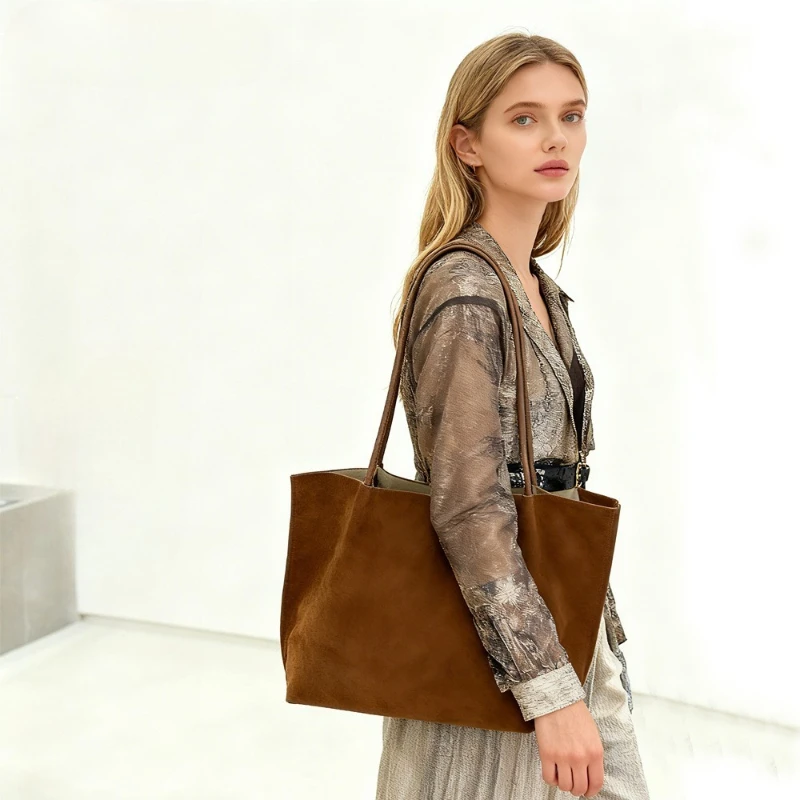 

Retro Large Capacity High-End Texture Luxurious Frosted Suede Women's Shoulder Bag Commuting Tote Cowhide Bucket Pouch Handbags