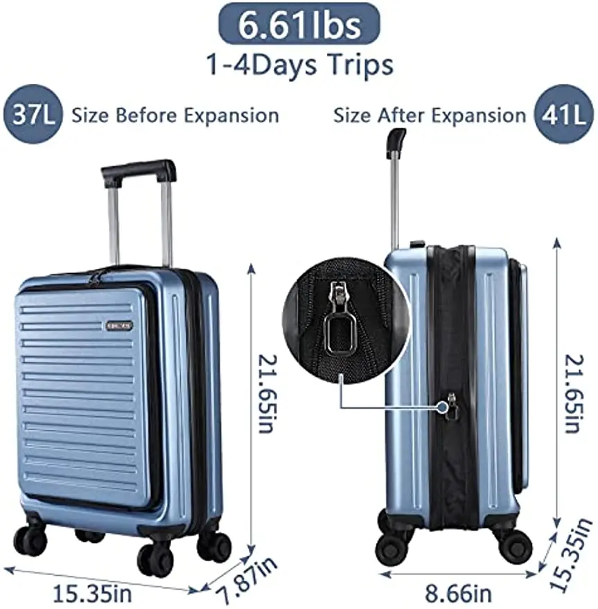 Ensemble de bagages avec poche avant pour ordinateur portable, coque rigide extensible et légère, ABS et PC, serrure TSA, roues tournantes, bleu, 20, 20/24