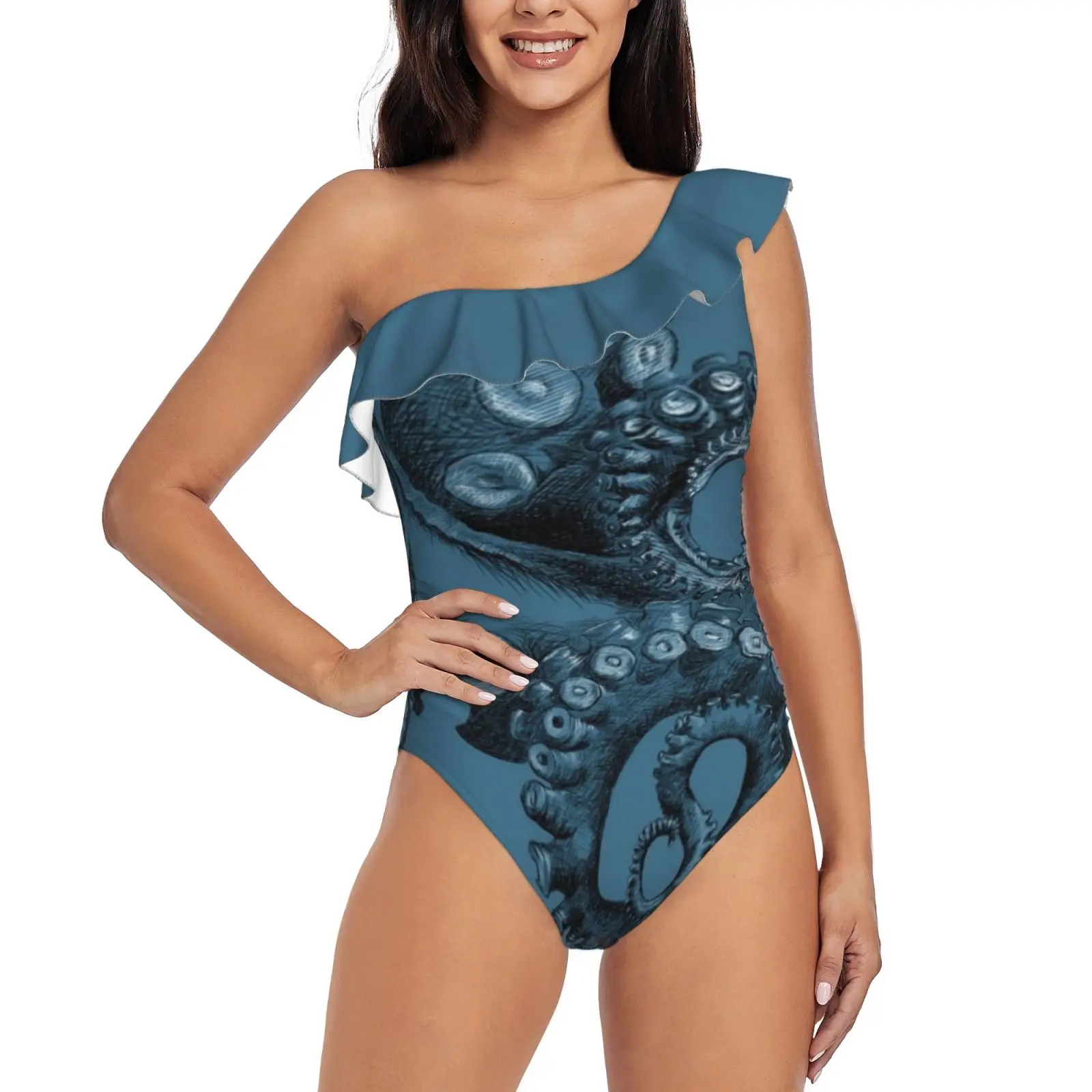 

Octopus Tentacle Two-Tone Drawing One Piece Swimsuit Women Ruffle Monokini Shoulder Swimsuit Bathing Suit Swim Wear Octopus