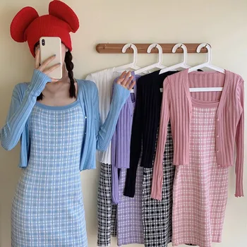 여성 브이넥 슬림핏 짧은 가디건, 배꼽 노출, 자외선 차단 니트, 긴팔, 단색 에어컨 셔츠, 패션