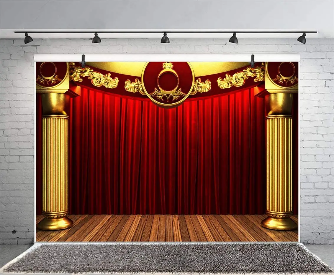 

Theater Red Stage Photography Backdrop Stage Lights Red Curtains Play Show Happy Birthday Baby Shower Background Photo Booth