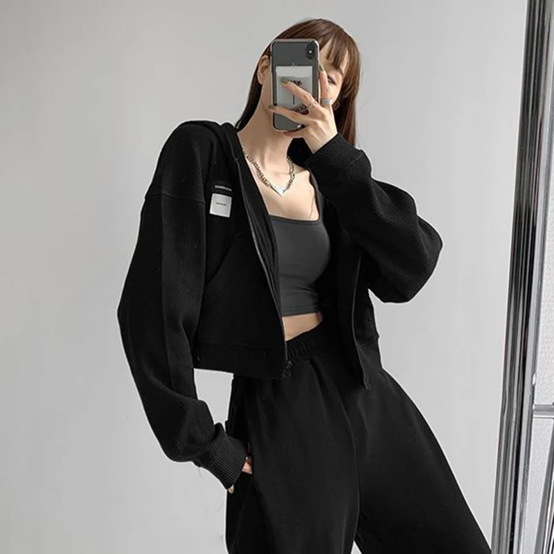 Rimocy Streetwear Y2K Sexy Cropped Hoodies Women Autumn Hooded Short Sweatshirt Woman Korean Long Sleeve Zipper Up Jacket Mujer