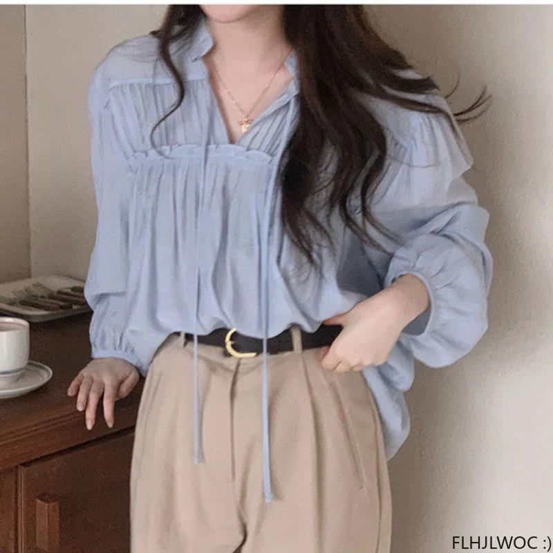 2023 Bow Tie Tops Basic Shirts Blouses Women Fall Basic Retro Vintage Solid White Chic Japan Korea Clothes Design Blusas