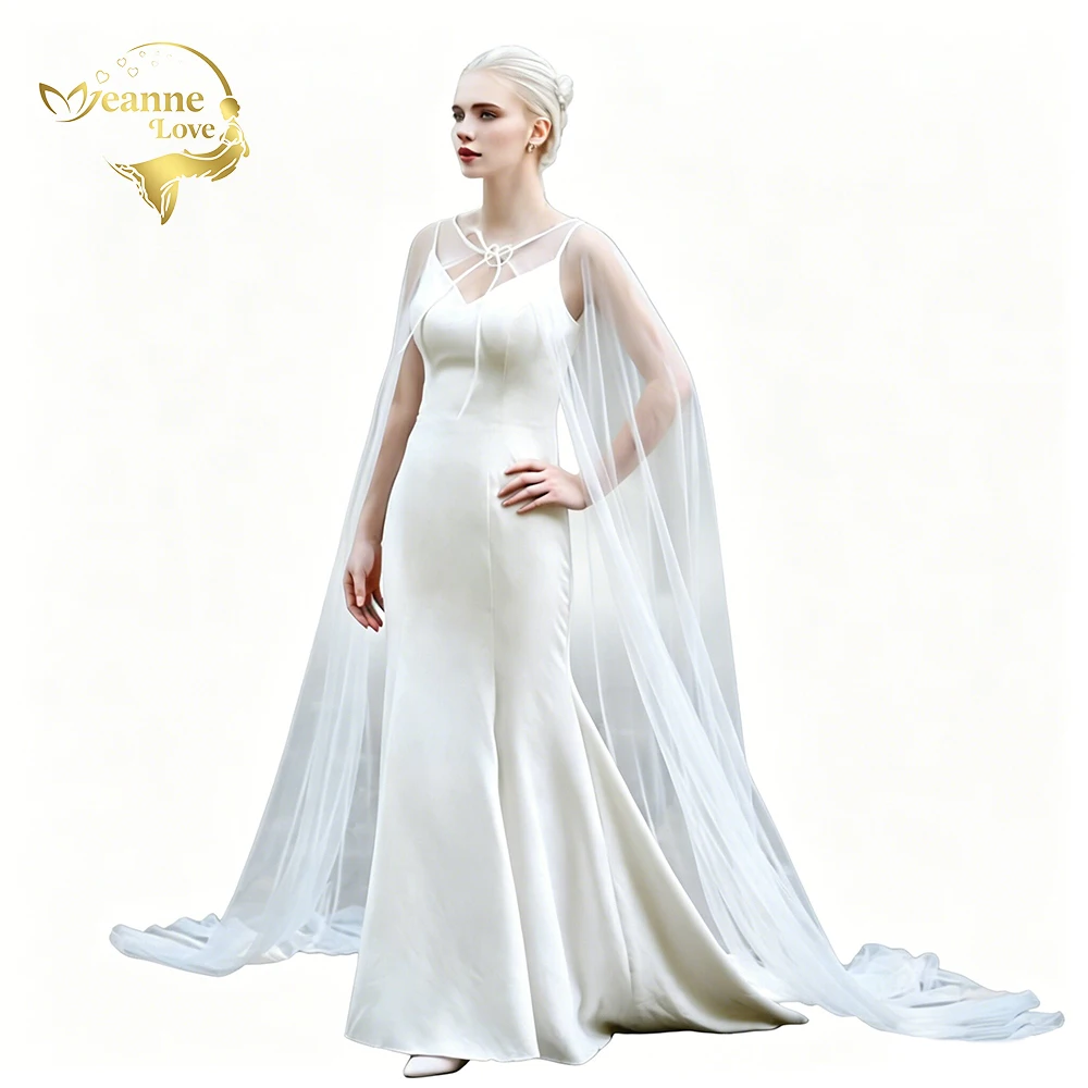 Long Tulle Cape Wedding Veil Floor Length Bridal Shoulder Wrap Cape With Neck Tie Bow Sheer Mesh Cloak Wedding Dress Cover Up