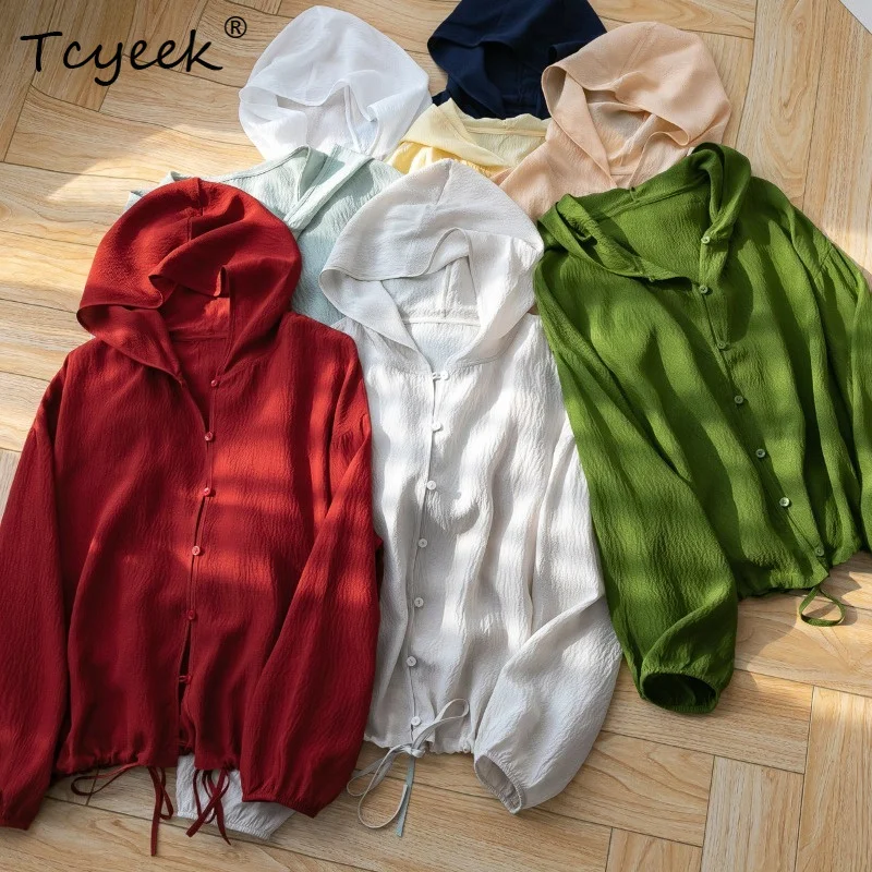 Tcyeek 100% Real Mulberry Silk Women's Tops 2026 Summer Hooded Breathable Drawstring Sun Protection Top Woman Clothes Ropa Mujer