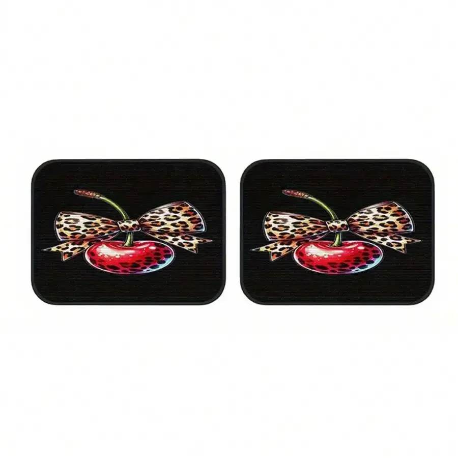 4pcs Leopard Print Bow Cherry Car Floor Mats For Sedan SUV Off-Road Easy Clean Non-Fade Printed Interior Accessories