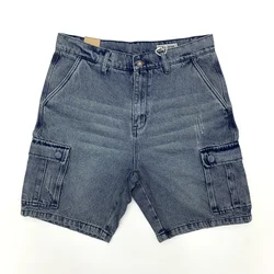 100% Cotton Amekaji American Vintage Casual Washed Denim Shorts for Men Summer Loose Straight Half Jeans Multi Pockets Workwear