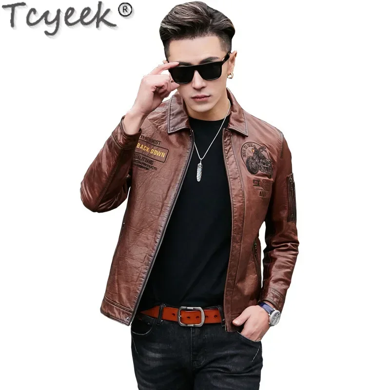 Tcyeek Mens Leather Jacket Black Gneuine Leather Motocycle Jackets Men Oil Wax Sheepskin Coats Streetwear Spring Autumn Clothes