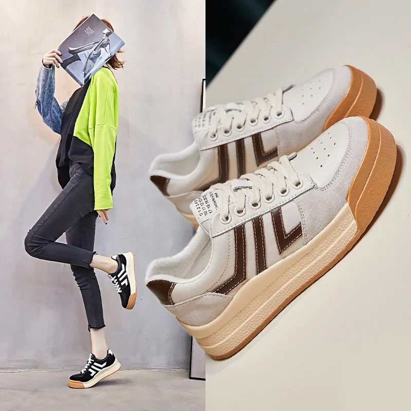 

CLAIAMI Fashion Leather Shoes for Women Lace-up Rubber Trendy Women Sneakers Casual Designer Luxury Women Shoes Leather Zapatos