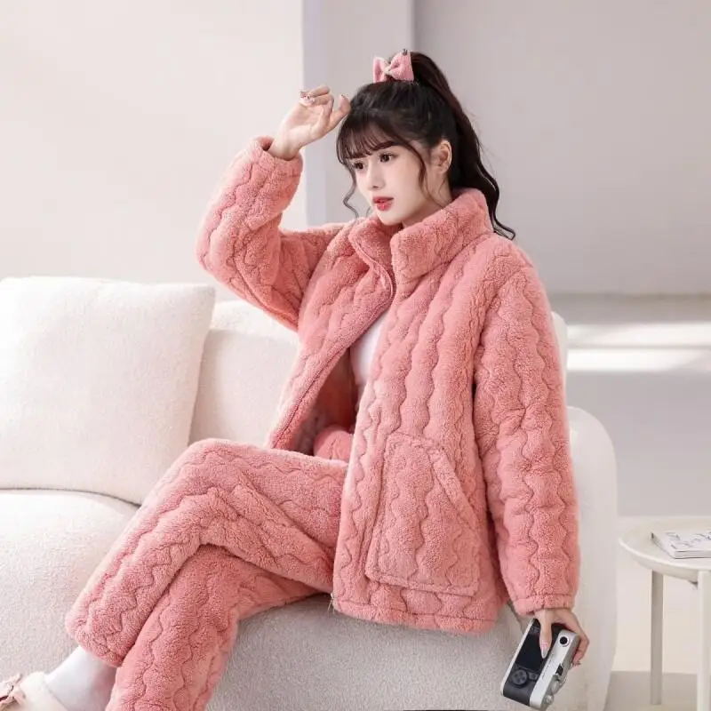 

new model Women's pajamas coral fleece pajamas suit Comfortable Sleepwear winter fleece-lined keep warm Pajama homewear sweet