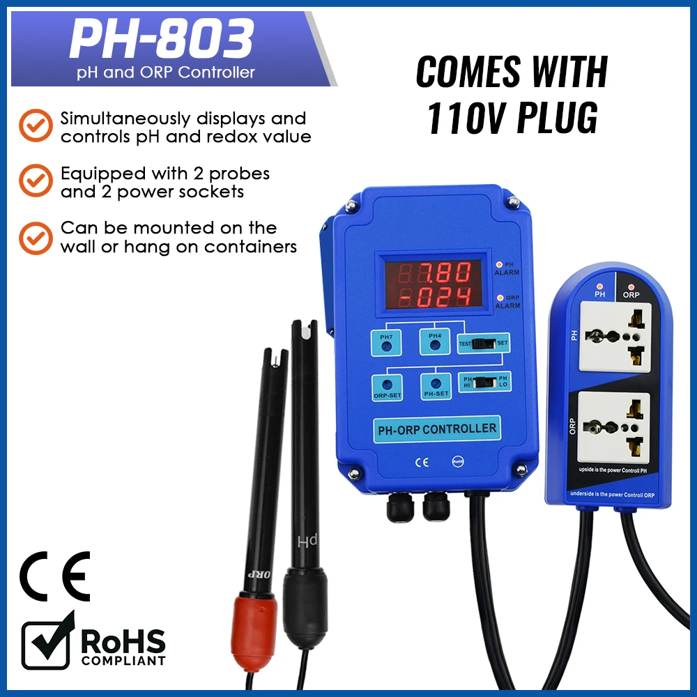 Digital pH ORP Redox 2 in 1 Controller Monitor w/ Output Power Relay Control, Electrode Probe BNC for Aquarium Hydroponics Plant