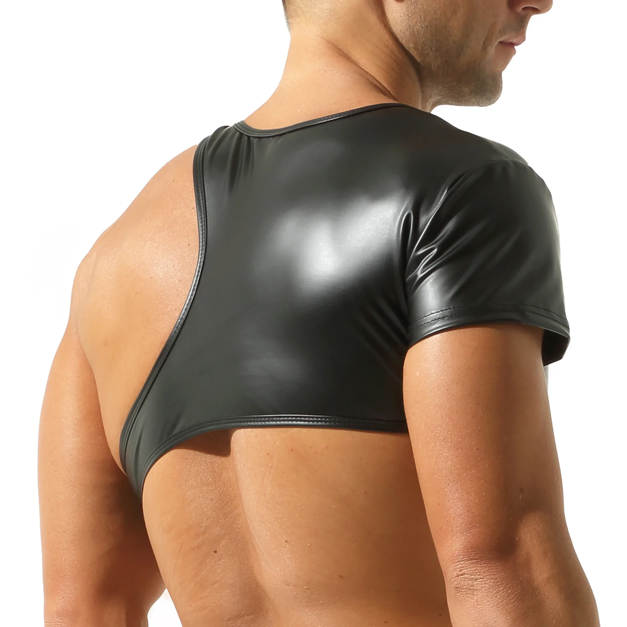 

Новый мужской односторонний сексуальный топ с открытой грудью, жилет для фитнеса, жилет с открытой талией, сетчатый/кожаный облегающий черный сексуальный свитшот