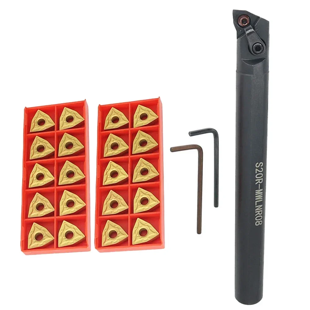 Efficient Steel Machining with S20R MWLNR08 Lathe Turning Tool Kit Featuring Dual Wrenches and Insert Collection