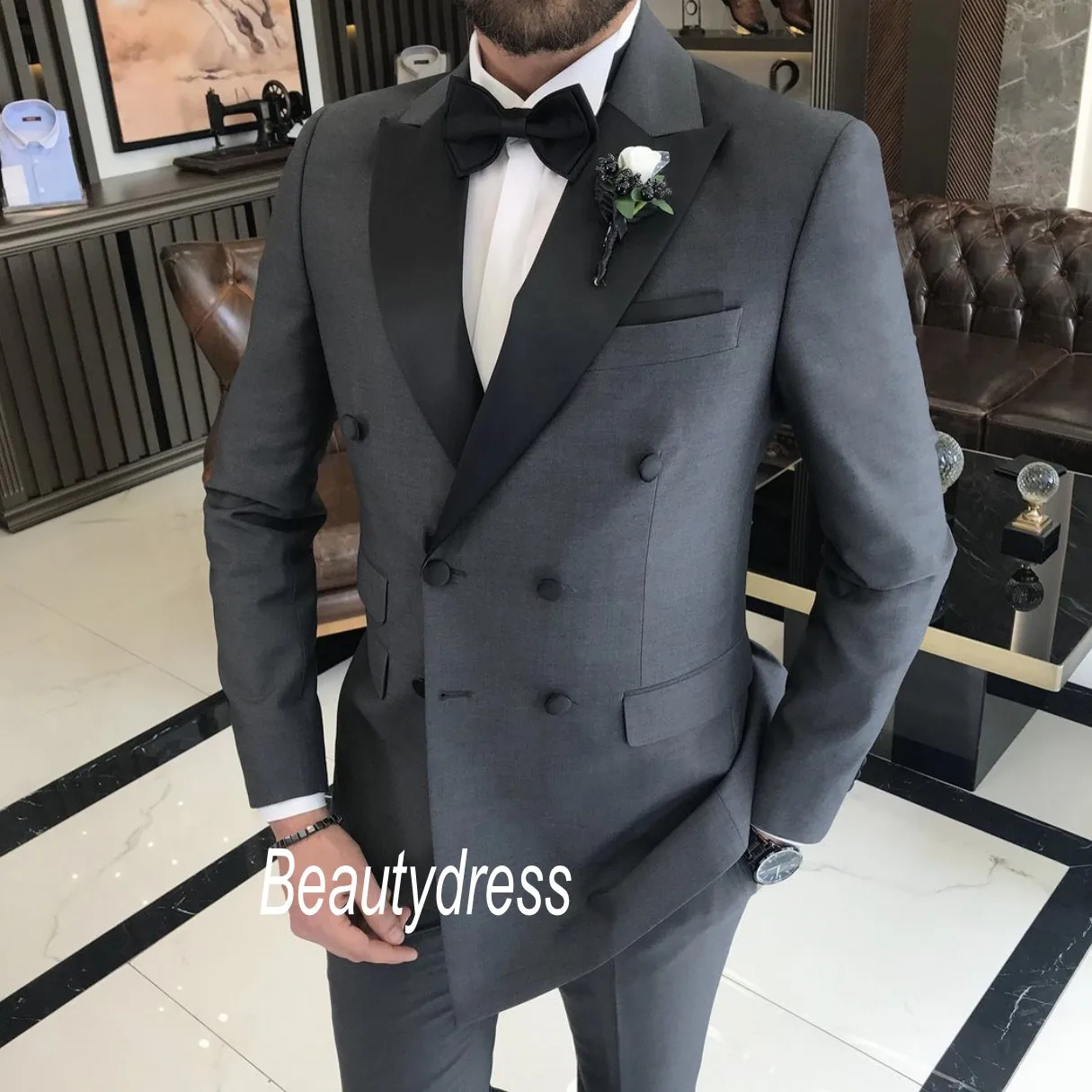 Black Wedding Tuxedos Groom Wear Men's Suits  Satin Collars Slim Fit Prom Best-Man Attire Groomsmen Blazers