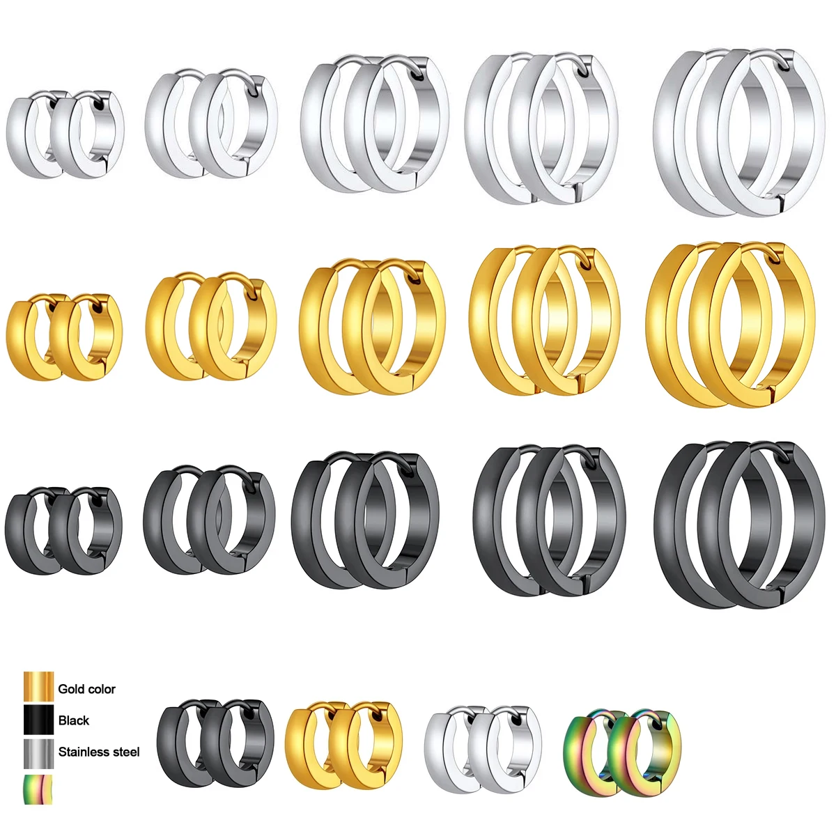 U7 Stainless Steel 5 Pairs/set Round Hoop Earring Sets for Man Woman 5 Size 8/10/12/14/16mm Huggie Earrings Unisex Jewelry Set