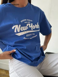 Hirsionsan-newyork-レタリングプリントTシャツ,クルーネック,ルーズ,原宿,ヴィンテージ,カジュアル,y2k,夏