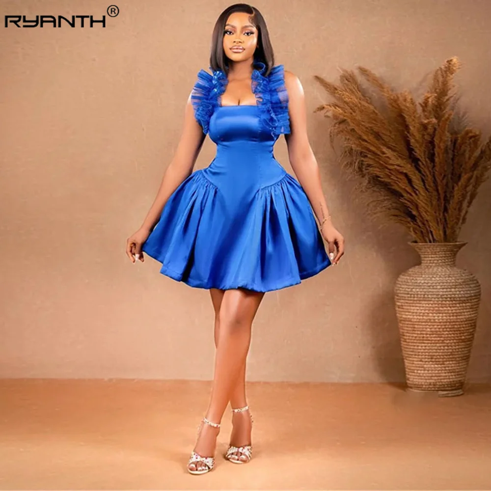 

Ryanth Royal Blue Homecoming Dresses Modern Satin Spaghetti Straps Short A Line Prom Dresses Lace Up Back Vestidos De Graduación