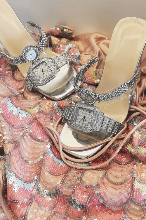 Original design Crystal watch high heels sandals women's luxury diamond bling leather clear heeled slippers party dating shoes