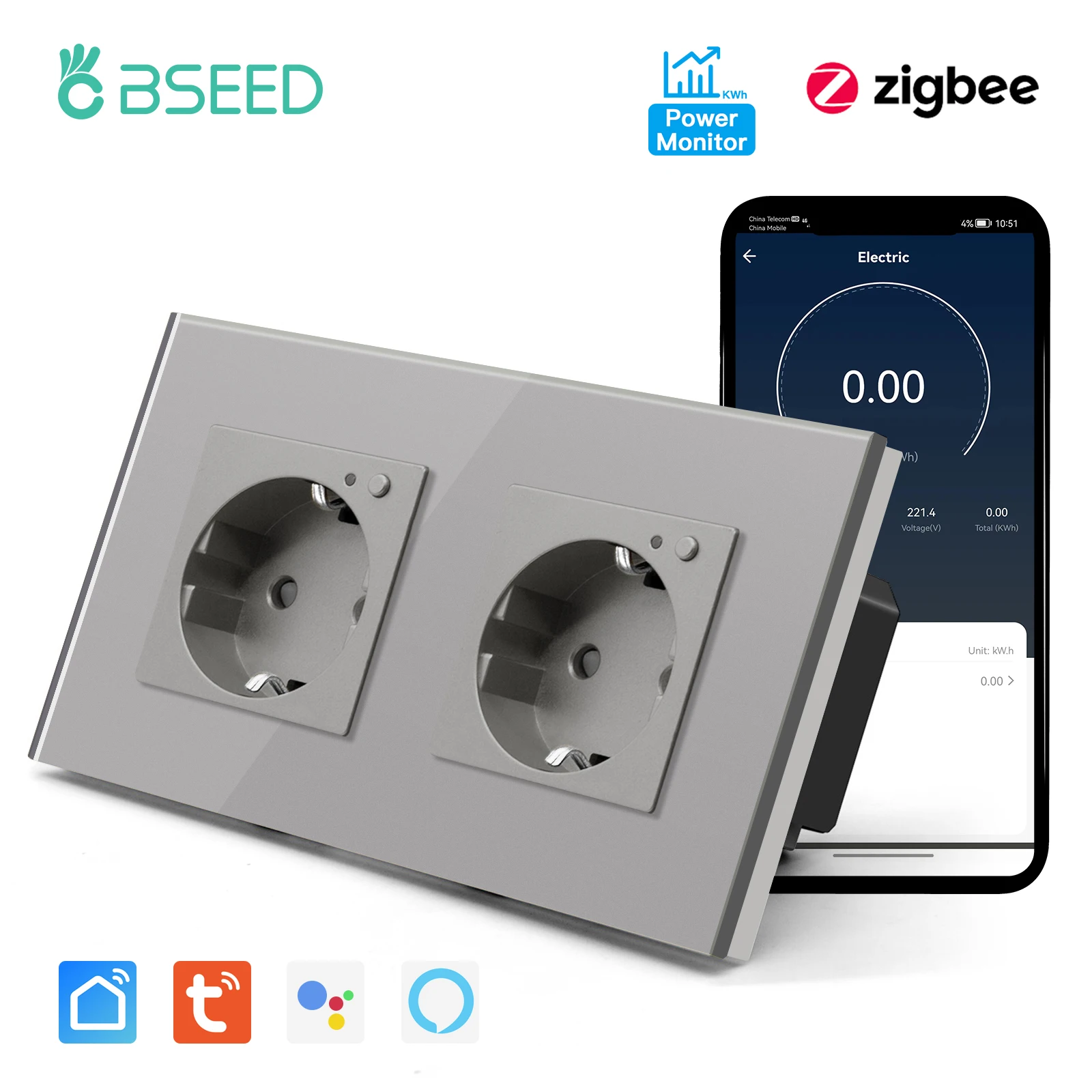 

Умная розетка Bseed Zigbee, двойная стеклянная панель с функцией отслеживания мощности, работает с Google Home