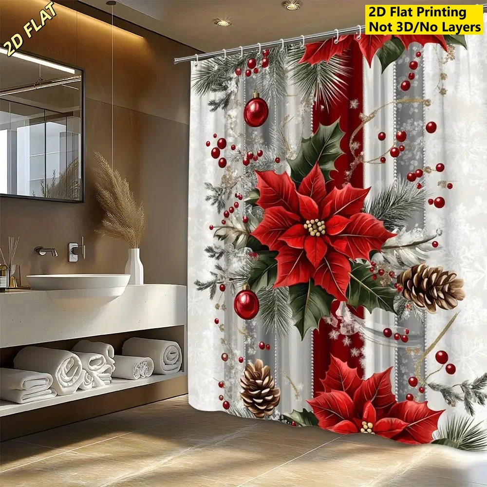 1pc 2D Flat Christmas Shower Curtain, Red Angel Single Flower, Bright Floral, Christmas Tree, Leaf & Red Berry Print