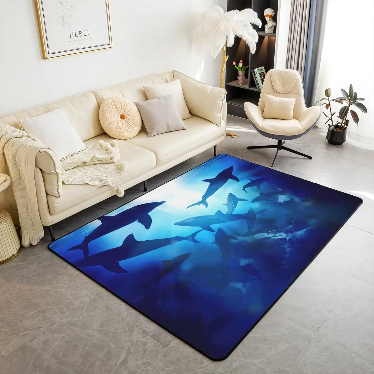 Deep Blue Shark Swarm Rug Underwater Silhouette Design Modern Ocean Themed Area Carpet