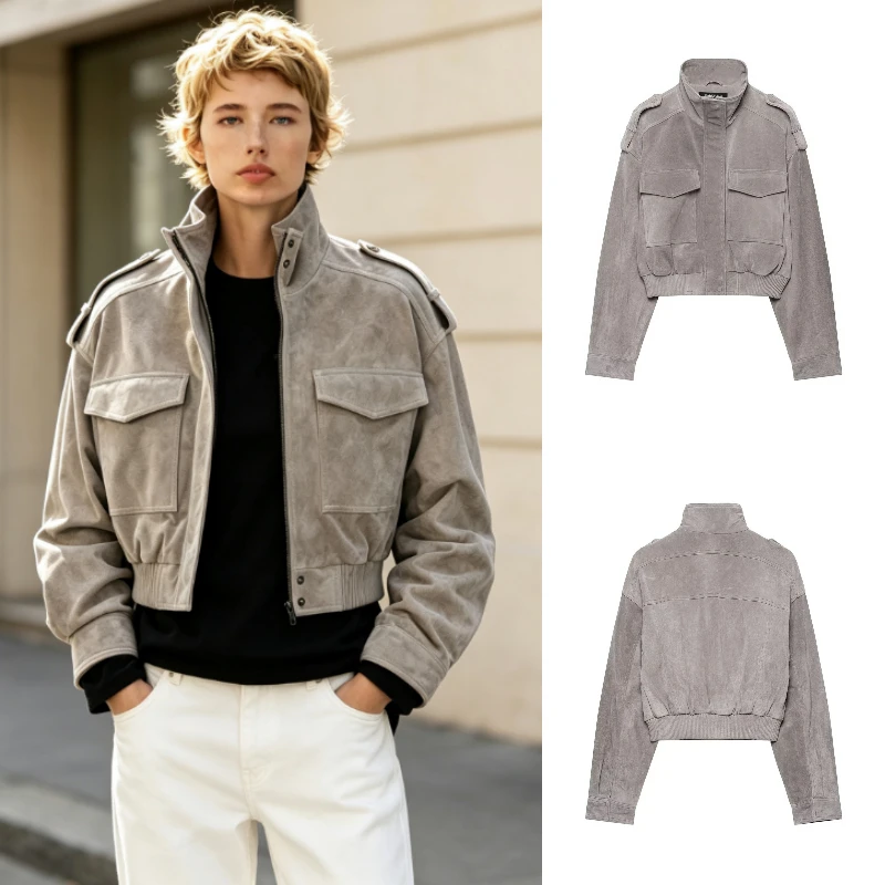 Women's Utility Jacket 2026 Autumn New Fashion Stand Collar Epaulet Strap Multi-Pocket Ribbed Hem Loose Cropped Casual Coat