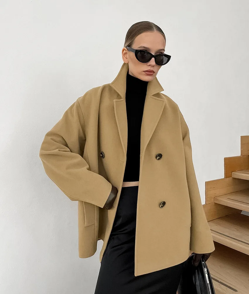 ZAROY Khaki Woolen Coat Autumn Winter Casual Loose Jacket Elegant Turn Down Collar Button Up Tweed Coat Outerwear куртка