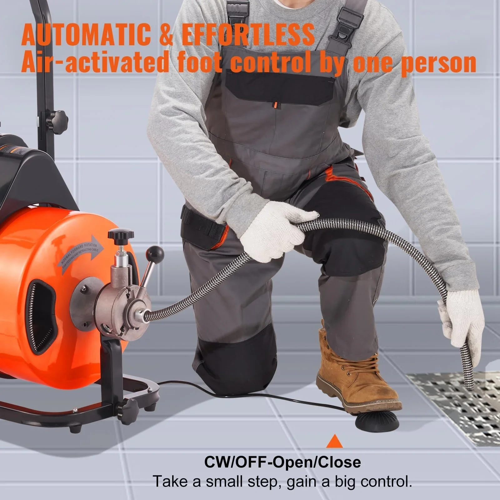 

100 FT x 3/8 Inch Sewer Snake Machine Auto-Feed Drain Auger Cleaner 4 Cutters 1\" 4\" Pipes Orange Cleaning Tools Accessories