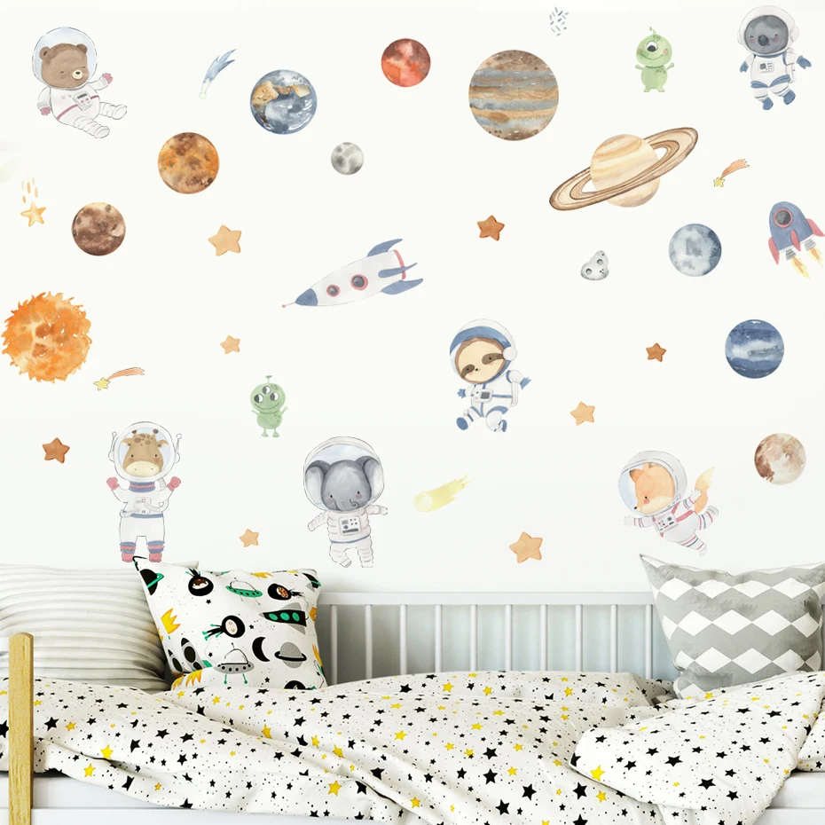 Cartoon Solar System Alien Astronaut Stars Wall Stickers for Kids Room Bedroom Reading Room Wall Decals School Nursery