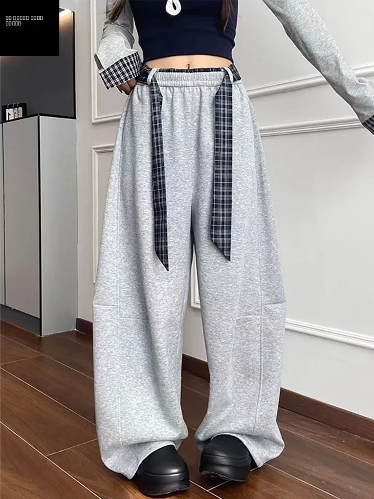 

Laid-ba Korean Sle Wide Leg Pants Men's Women's Autumn Winter Color Blo Plaid Belted Sweatpants High Waist Slimming Spo...