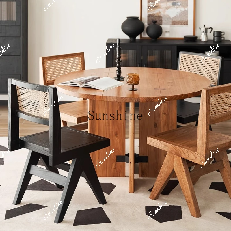 Nordic wabi style retro all solid wood simple round dining table and chair combination  FT