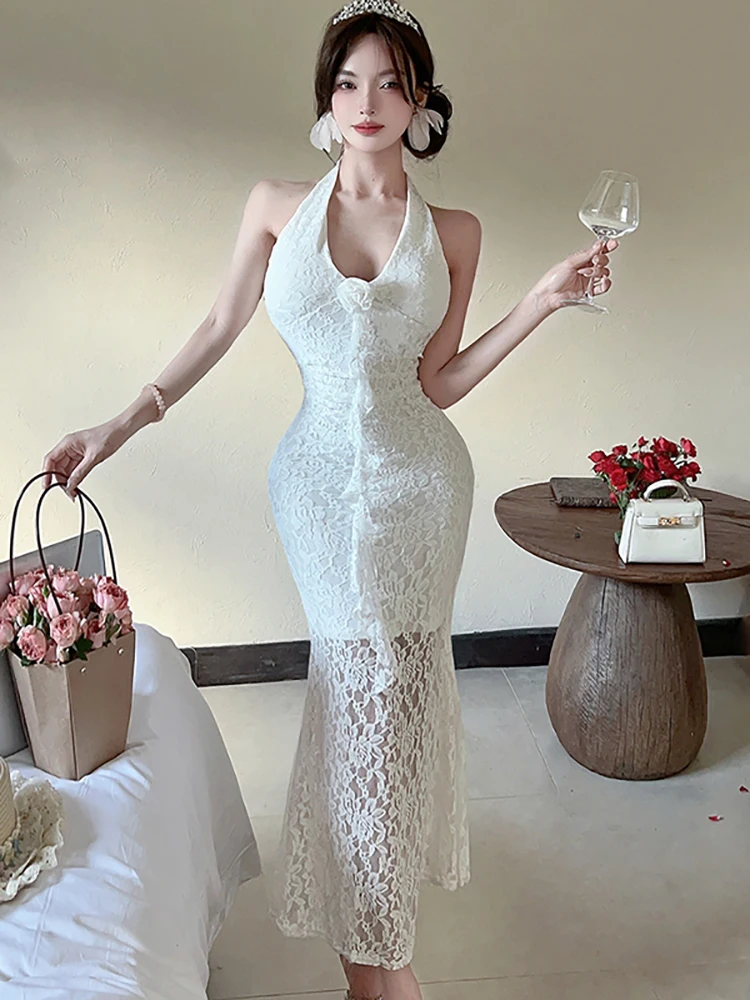 ผู้หญิงลูกไม้ Jacquard เซ็กซี่คอติดตั้งชุดฤดูร้อนหรูหรา Ruffled ชุดยาวชุด 2025 เกาหลี Vintage Night Dress