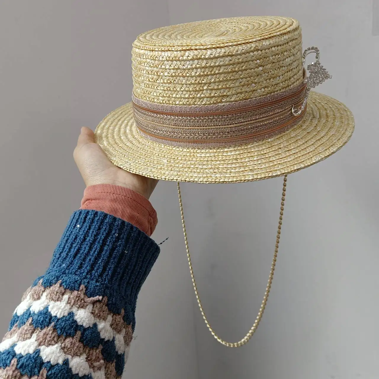 DIY New Straw Hat Punk Style Pearl Chain DIY Jazz Hat Sun Hat New Korean Letter Hat Beach Hat Men's and Women's Punk Hat Sun