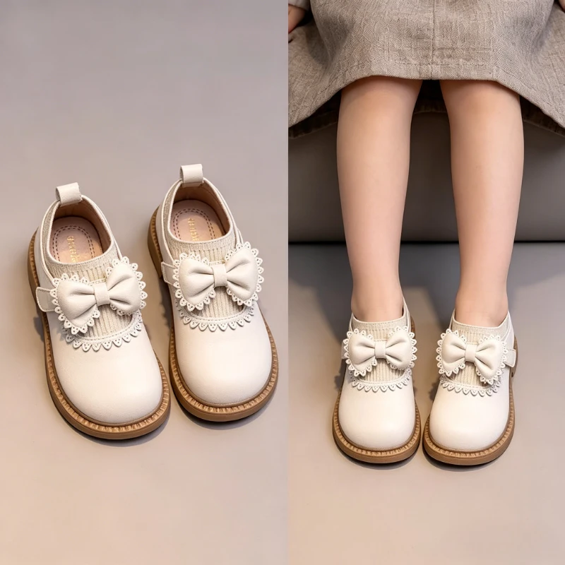 New Kids Causal Leather Shoes Spring Autumn Ruffled Edge Bowknot Girls Princess Shoes Wedding Party Non-slip Children Flat Shoes